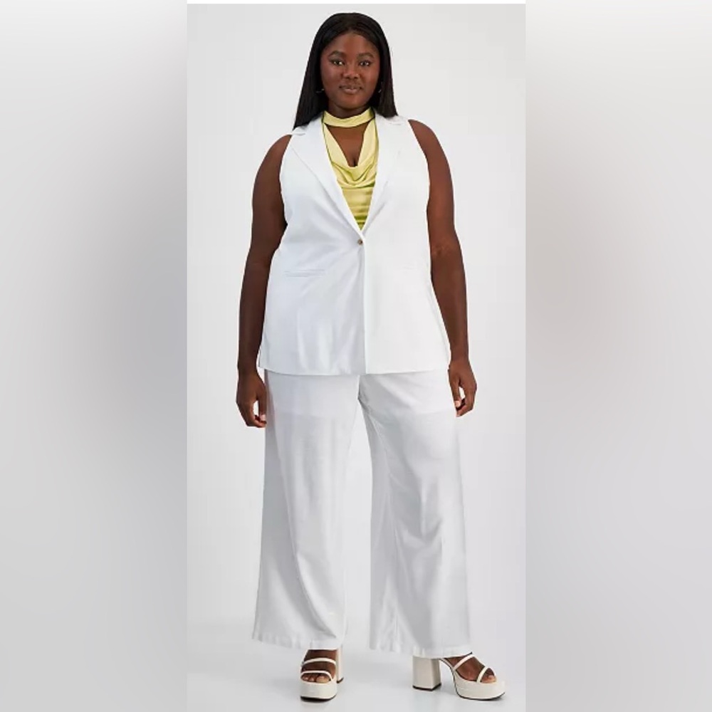 Trendy Plus Size Single-Button Collared Vest, Cowl-Neck Cutout Sleeveless